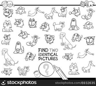 Black and White Cartoon Illustration of Finding Two Identical Pictures Educational Activity Game for Children with Dog and Puppy Characters Coloring Book