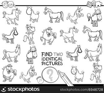 Black and White Cartoon Illustration of Finding Two Identical Pictures Educational Activity Game for Children with Horses Farm Animal Characters Coloring Book