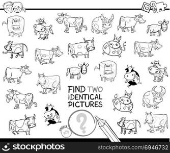 Black and White Cartoon Illustration of Finding Two Identical Pictures Educational Activity Game for Children with Cows Farm Animal Characters Coloring Book
