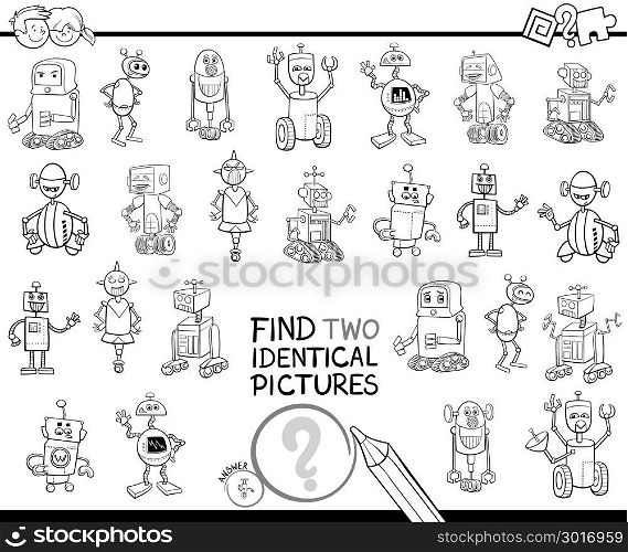 Black and White Cartoon Illustration of Finding Two Identical Pictures Educational Game for Children with Robot Fantasy Characters Coloring Book