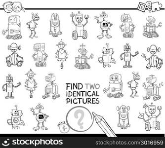 Black and White Cartoon Illustration of Finding Two Identical Pictures Educational Game for Children with Robot Fantasy Characters Coloring Book