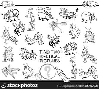Black and White Cartoon Illustration of Finding Two Identical Pictures Educational Game for Children with Insects Animal Characters Coloring Book