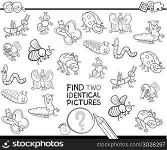 Black and White Cartoon Illustration of Finding Two Identical Pictures Educational Game for Children with Bugs Animal Characters Coloring Book