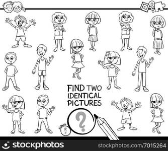 Black and White Cartoon Illustration of Finding Two Identical Pictures Educational Game for Kids with Children or Teenager Characters Coloring Book