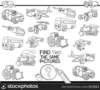 Black and White Cartoon Illustration of Finding Two Identical Pictures Educational Game for Children with Transport Vehicle Characters Coloring Book