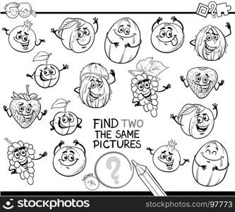 Black and White Cartoon Illustration of Finding Two Identical Pictures Educational Game for Children with Fruits Comic Characters Coloring Book