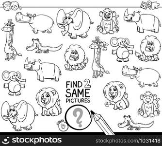 Black and White Cartoon Illustration of Finding Two Same Pictures Educational Activity Game for Children with Wild Animal Characters Coloring Book