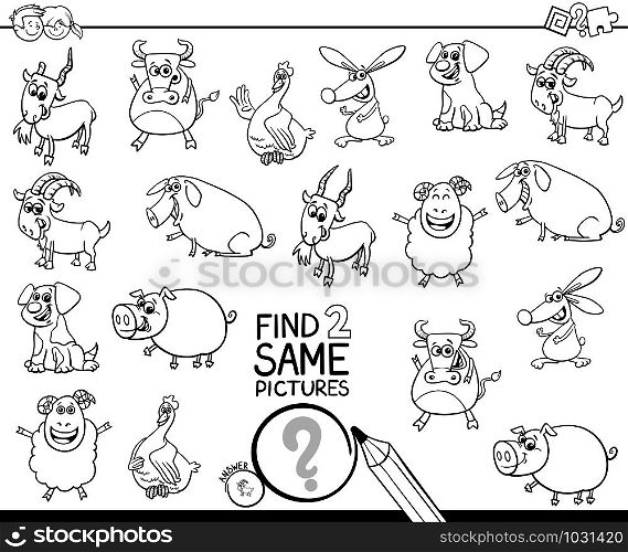 Black and White Cartoon Illustration of Finding Two Same Pictures Educational Activity Game for Kids with Farm Animal Characters Coloring Book
