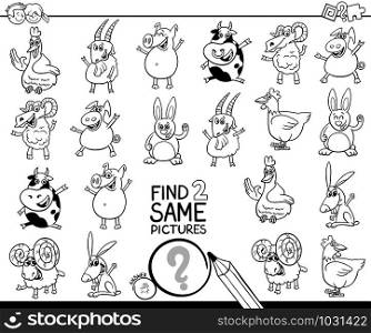 Black and White Cartoon Illustration of Finding Two Same Pictures Educational Activity Game for Children with Farm Animal Characters Coloring Book