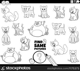 Black and White Cartoon Illustration of Finding Two Same Pictures Educational Activity Game for Children with Funny Cats and Kittens Animal Characters Coloring Book Page