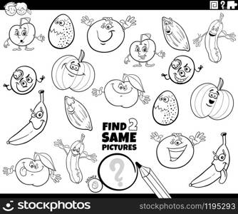 Black and White Cartoon Illustration of Finding Two Same Pictures Educational Activity Game for Children with Vegetables and Fruits and Food Characters Coloring Book Page