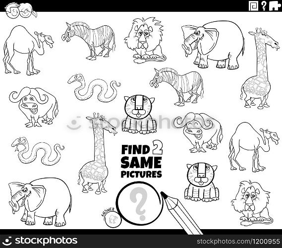 Black and White Cartoon Illustration of Finding Two Same Pictures Educational Activity Game for Children with Wild Animal Characters Coloring Book Page
