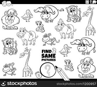 Black and White Cartoon Illustration of Finding Two Same Pictures Educational Activity Game for Children with Funny Wild Animal Characters Coloring Book Page