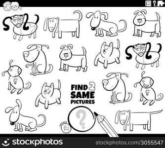 Black and White Cartoon Illustration of Finding Two Same Pictures Educational Activity Game for Children with Funny Dogs Pet Animal Characters Coloring Book Page