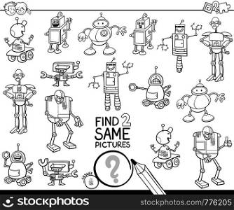 Black and White Cartoon Illustration of Finding Two Same Pictures Educational Activity Game for Kids with Funny Robots Characters Coloring Book
