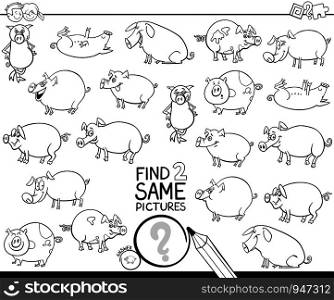 Black and White Cartoon Illustration of Finding Two Same Pictures Educational Activity Game for Kids with Funny Pigs Farm Animal Characters Coloring Book