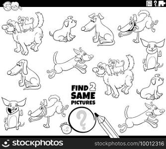 Black and white cartoon illustration of finding two same pictures educational game with funny dogs comic characters coloring book page