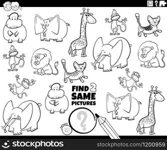 Black and White Cartoon Illustration of Finding Two Same Pictures Educational Game for Children with Wild Animal Characters Coloring Book Page