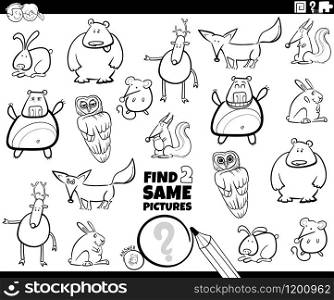 Black and White Cartoon Illustration of Finding Two Same Pictures Educational Game for Children with Funnt Wild Animal Characters Coloring Book Page
