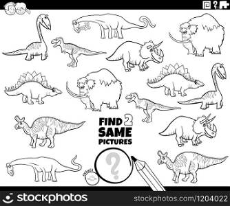 Black and White Cartoon Illustration of Finding Two Same Pictures Educational Game for Children with Funny Dinosaurs and Prehistoric Animal Characters Coloring Book Page