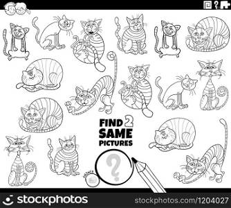 Black and White Cartoon Illustration of Finding Two Same Pictures Educational Game for Children with Funny Cats Animal Characters Coloring Book Page
