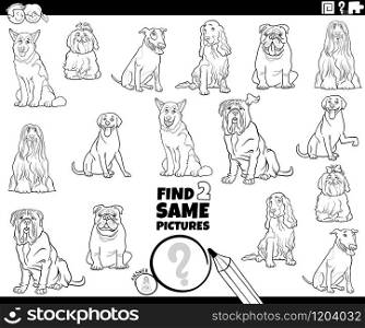 Black and White Cartoon Illustration of Finding Two Same Pictures Educational Game for Children with Funny Purebred Dogs Animal Characters Coloring Book Page