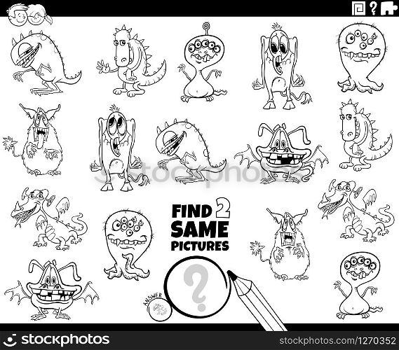 Black and White Cartoon Illustration of Finding Two Same Pictures Educational Game for Children with Funny Monsters Fantasy Characters Coloring Book Page