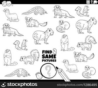 Black and White Cartoon Illustration of Finding Two Same Pictures Educational Game for Children with Funny Animal Characters Coloring Book Page
