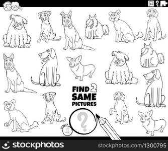 Black and White Cartoon Illustration of Finding Two Same Pictures Educational Game for Children with Cute Purebred Dogs Animal Characters Coloring Book Page