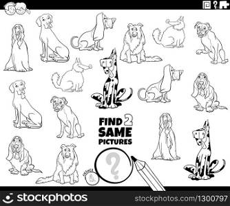 Black and White Cartoon Illustration of Finding Two Same Pictures Educational Game for Children with Purebred Dogs Animal Characters Coloring Book Page
