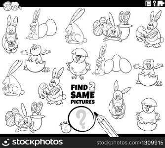 Black and White Cartoon Illustration of Finding Two Same Pictures Educational Game for Children with Easter Bunnies and Chicks Characters Coloring Book Page