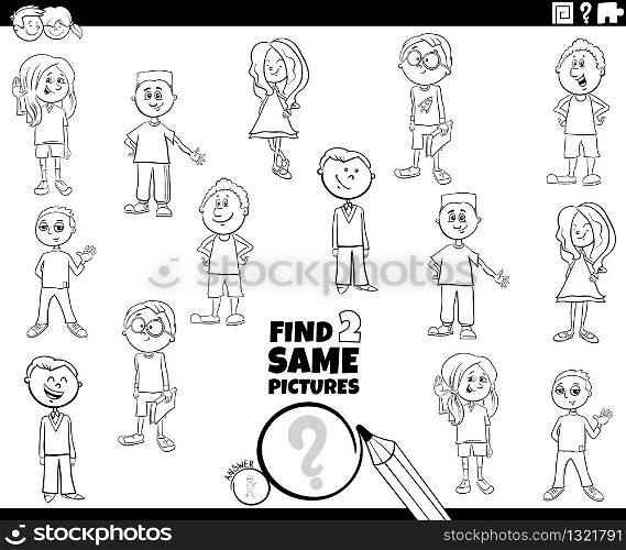 Black and White Cartoon Illustration of Finding Two Same Pictures Educational Game for Children with Funny Kids or Teens Comic Characters Coloring Book Page