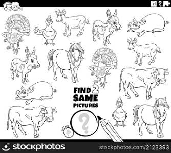 Black and white cartoon illustration of finding two same pictures educational game with comic farm animals characters coloring book page
