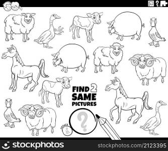 Black and white cartoon illustration of finding two same pictures educational game with farm animals characters coloring book page