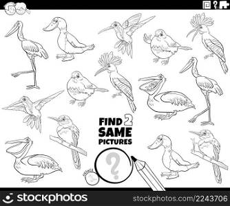 Black and white cartoon illustration of finding two same pictures educational game with comic birds animal characters coloring book page
