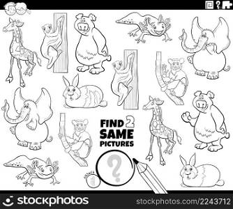 Black and white cartoon illustration of finding two same pictures educational game with comic animals characters coloring book page