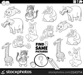 Black and white cartoon illustration of finding two same pictures educational game with cartoon animals characters coloring book page