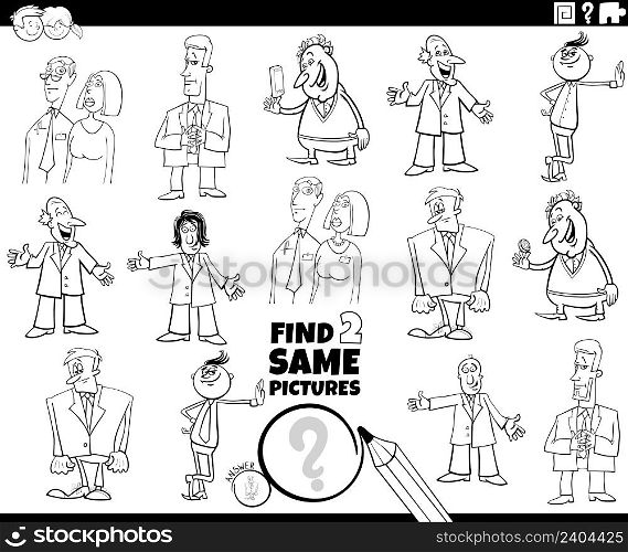 Black and white cartoon illustration of finding two same pictures educational game with funny people or businessmen characters coloring book page
