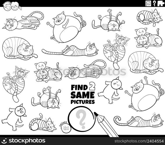 Black and white cartoon illustration of finding two same pictures educational game with sleeping cats animal characters coloring book page
