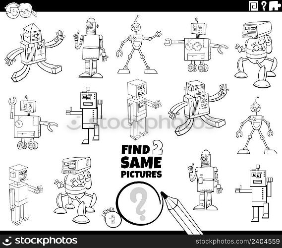 Black and white cartoon illustration of finding two same pictures educational game with funny robot characters coloring book page