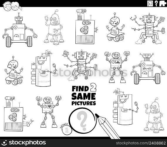 Black and white cartoon illustration of finding two same pictures educational game with comic robot characters coloring book page