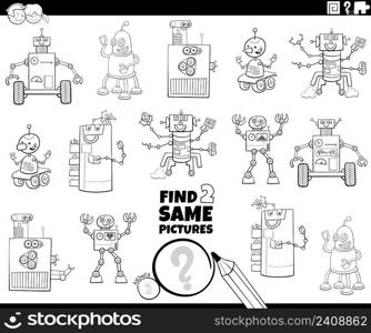 Black and white cartoon illustration of finding two same pictures educational game with comic robot characters coloring book page