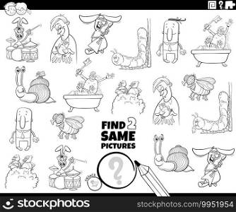 Black and white cartoon illustration of finding two same pictures educational game with comic characters coloring book page