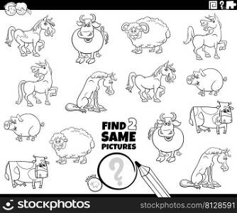 Black and white cartoon illustration of finding two same pictures educational task with farm animals characters coloring page
