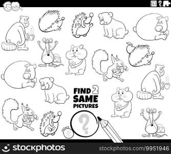 Black and white cartoon illustration of finding two same pictures educational task with funny animal characters coloring book page