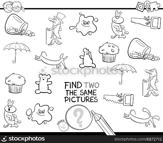 Black and White Cartoon Illustration of Finding Two The Same Pictures Educational Activity Game for Preschool Children Coloring Page
