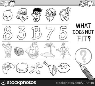 Black and White Cartoon Illustration of Finding Wrong Item in the Row Educational Game for Children