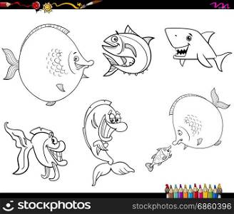 Black and White Cartoon Illustration of Fish Sea Life Animal Characters Set Coloring Book
