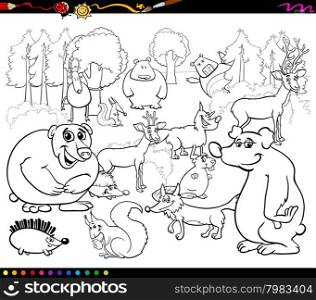 Black and White Cartoon Illustration of Forest Scene with Wild Animal Characters Group for Coloring Book