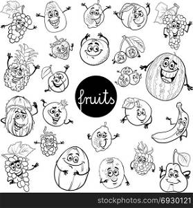 Black and White Cartoon Illustration of Fruits Comic Food Characters Big Set Color Book